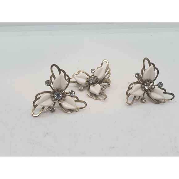 Vintage Floral Thermoset Rhinestone Brooch & Clip On Earrings Set 1950s - Picture 8 of 14